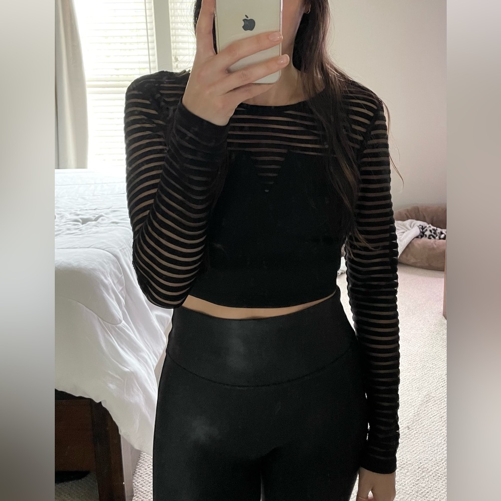 New cropped sheer stripe long sleeve top with zipper back